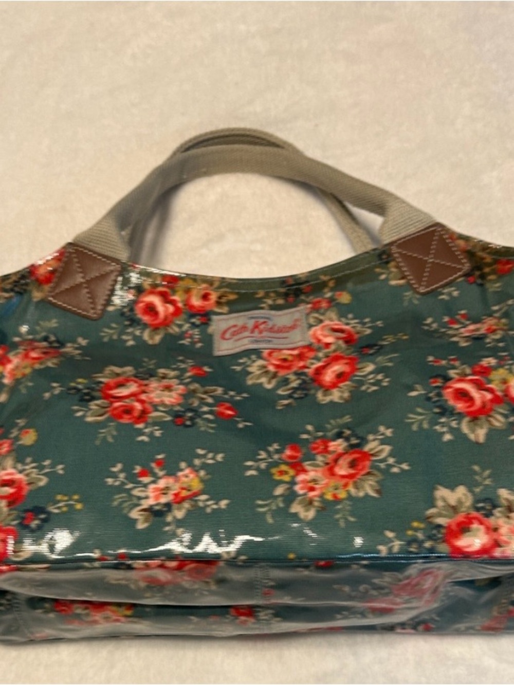 Original Cath Kidston Sage Green Floral Roses Oilcloth Coated Handbag Spacious
